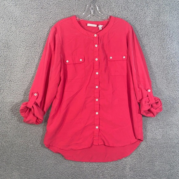 Chico's Button Up Womens 2 Red Solid Long Sleeve Pockets High Low Casual Adult - Picture 12 of 15
